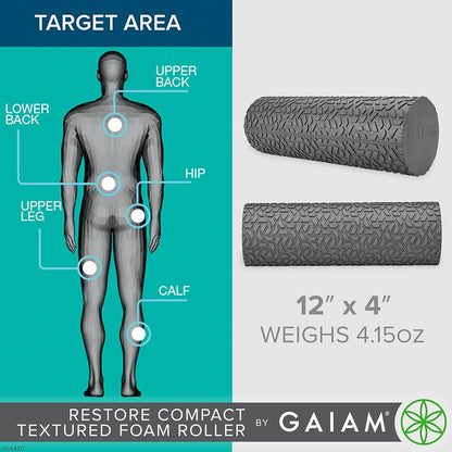 Gaiam Restore Compact Textured Foam Roller, 12", Muscle Recovery | 12"L x 4" Diameter | Textured Surface | Deep Tissue Massage | Travel-Friendly | Muscle Recovery