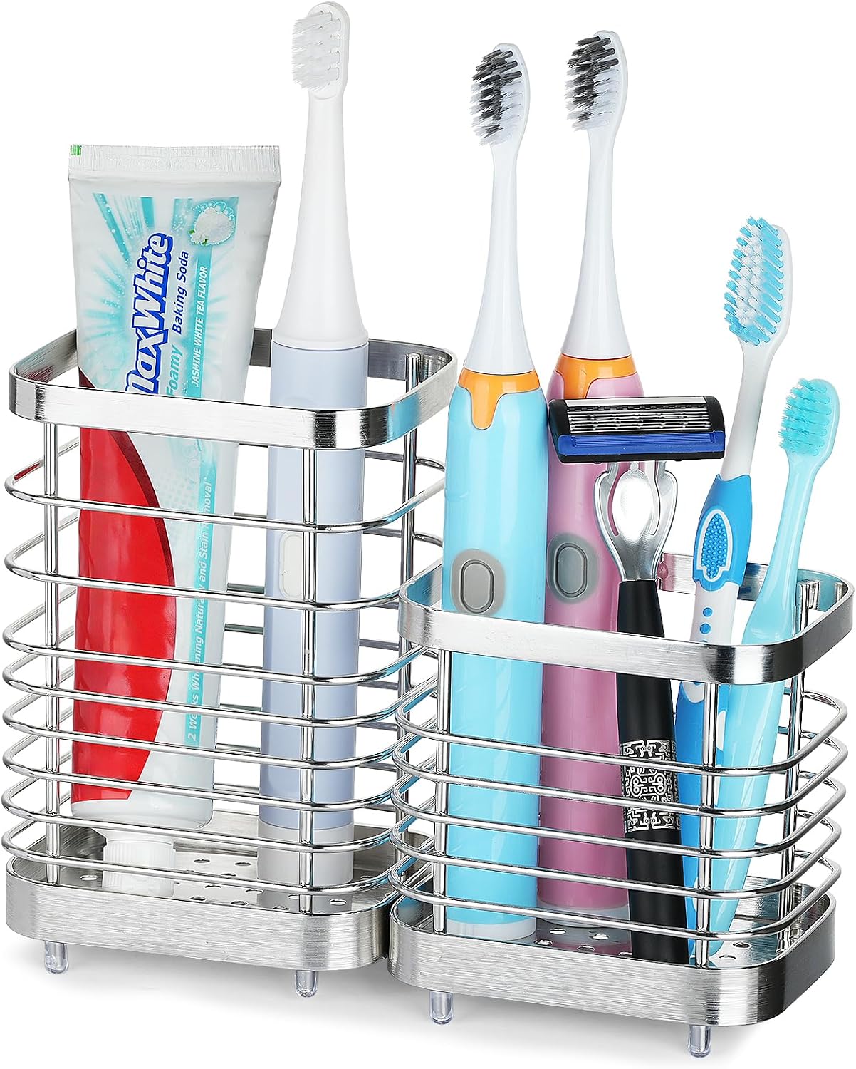 Toothbrush Holders for Bathrooms, 4 Slots Metal Tooth Brushing Organizer | Rustproof Electric Tooth Brush Toothpaste Holder with Drainage for Bathroom Countertop, White