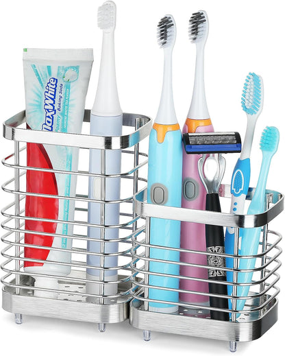 Toothbrush Holders for Bathrooms, 4 Slots Metal Tooth Brushing Organizer | Rustproof Electric Tooth Brush Toothpaste Holder with Drainage for Bathroom Countertop, White