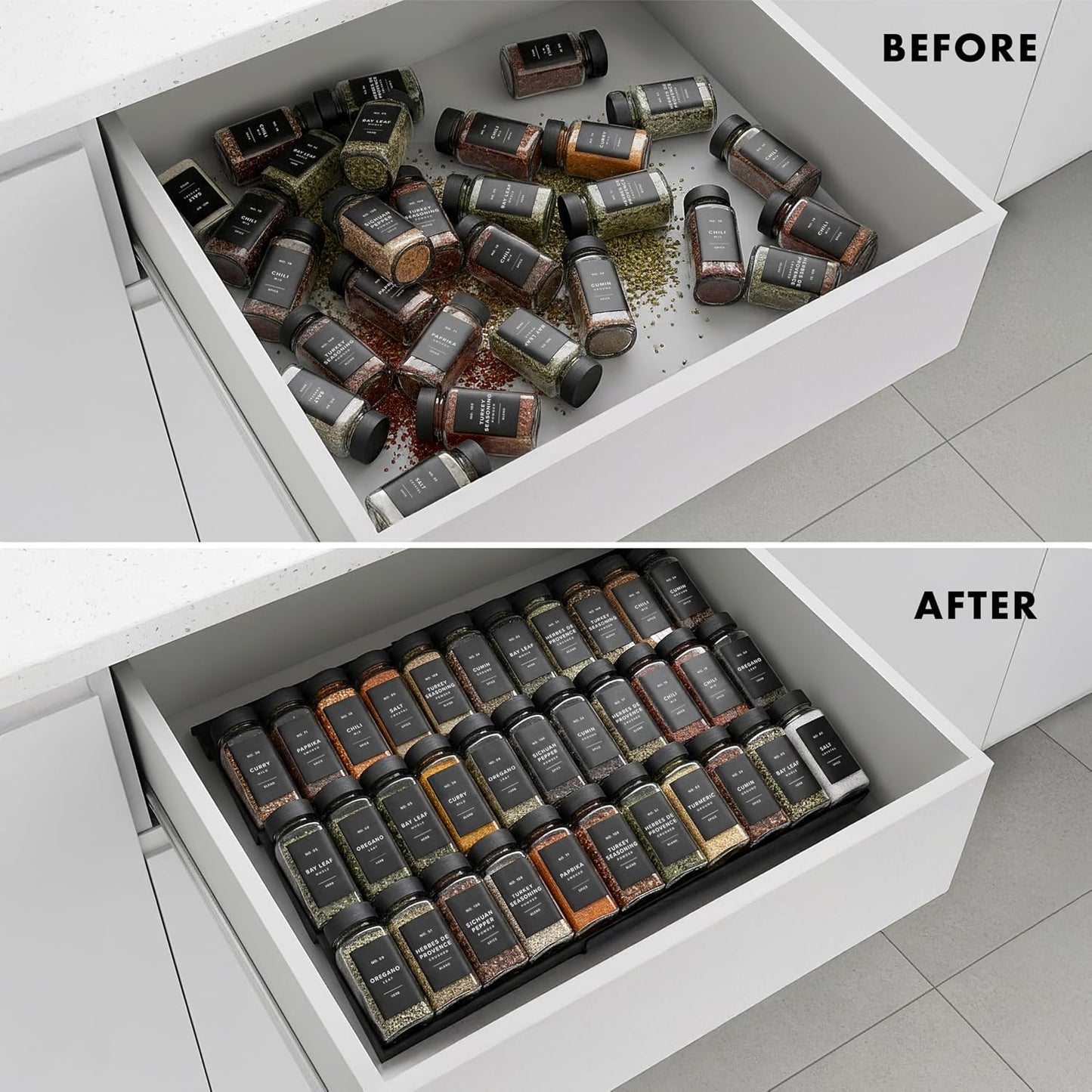Bamboo Spice Drawer Organizer - Expandable 4 Tier Spice Rack (Need 3" Deep Drawer) 12" to 24" Wide, Seasoning Organizer, Organization Seasoning Rack insert (Jars Not Included)