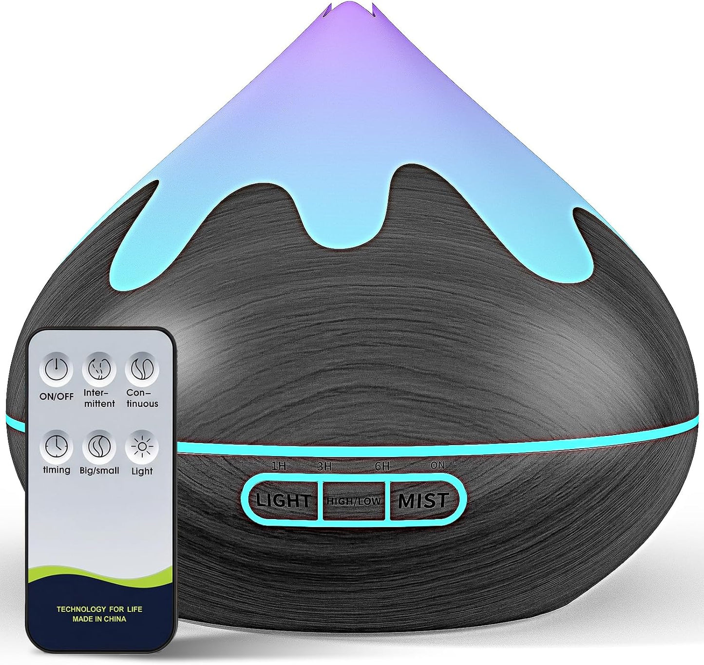 500ML Essential Oil Diffuser, Aromatherapy Diffuser with Remote Control, Multifunctional Air Diffusers for Home Office Room, Fragrance Aroma Diffuser with 7 Color LED & 2 Mist Mode, Brown
