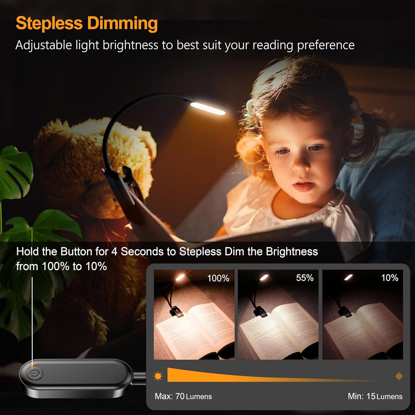 Gritin 16 LED Rechargeable Book Light for Reading in Bed | Eye Caring 3 Color Temperatures,Stepless Dimming Brightness,80 Hrs Runtime,Lightweight Flexible Clip on Light for Book Lovers