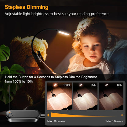 Gritin 16 LED Rechargeable Book Light for Reading in Bed | Eye Caring 3 Color Temperatures,Stepless Dimming Brightness,80 Hrs Runtime,Lightweight Flexible Clip on Light for Book Lovers