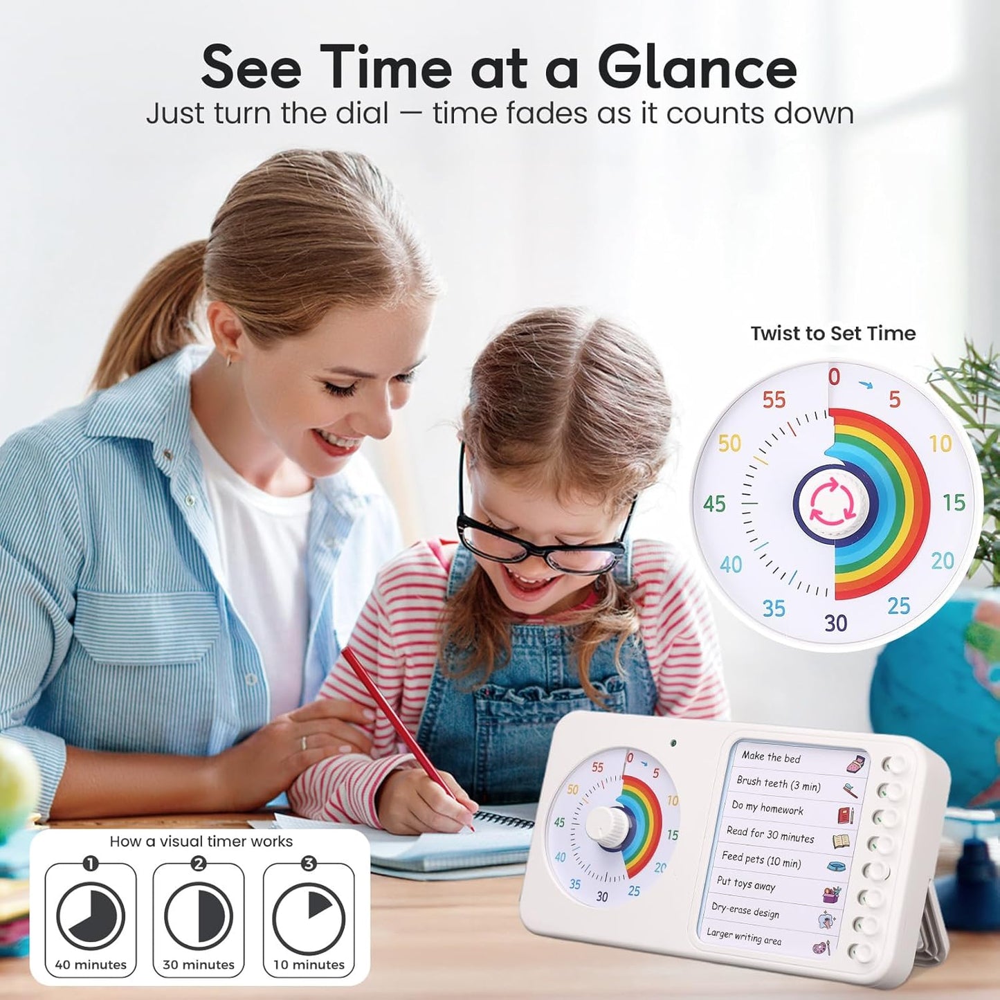 2-in-1 Visual Timer ADHD with Task Board, to-Do List, Checklist | Dry Erase Chore Chart and Visual Schedule for Kids ADHD, Rainbow Countdown Timer for Classroom, Home, Homeschool (White)