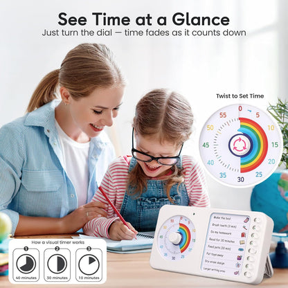 2-in-1 Visual Timer ADHD with Task Board, to-Do List, Checklist | Dry Erase Chore Chart and Visual Schedule for Kids ADHD, Rainbow Countdown Timer for Classroom, Home, Homeschool (White)