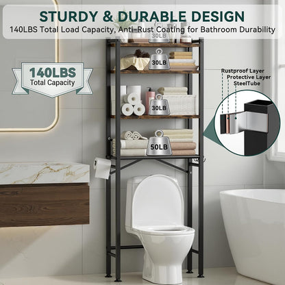 GloTika 3-Tier Over Toilet Storage, Anti-Tilt, 64" H, Black | Anti-Tilt Safety System, 150lb Capacity, Carbon Steel, Freestanding, No Drilling, Anti-Rust Coating, Paper Holder & 4 Hooks