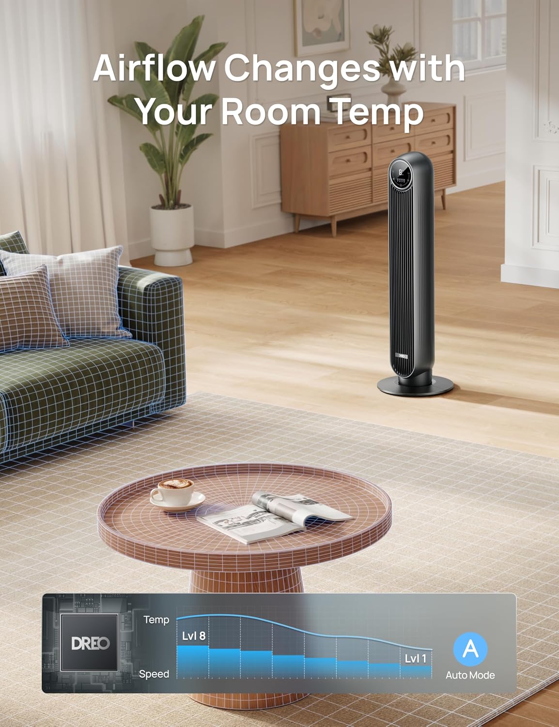 DREO Tower Fan for Bedroom, 28ft/s High Velocity, 9 Speeds, DC Motor