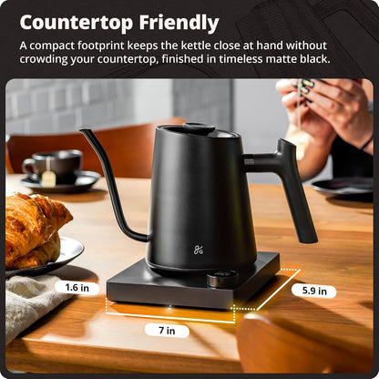 Greater Goods Gooseneck Electric Kettle, 1200W Temperature Control, 0.8L | Pour-Over & Tea Kettle with Stainless Steel Interior, Built-In Brew Timer, Fast Heating for Chemex, V60, & Matcha (Birch)