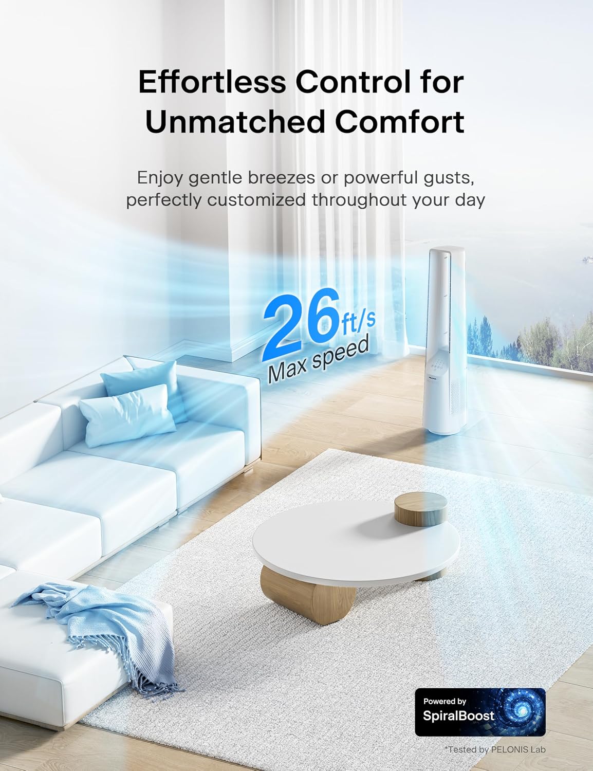 PELONIS 40" 90° Oscillation Bladeless Fan for Bedroom with Remote, White | Bladeless Cooling Tower Fan with 6 Speeds, 4 Modes, 26 ft/s, Brushless DC Motor, Quiet 22dB, 7-Hr Timer for Home, Office Use