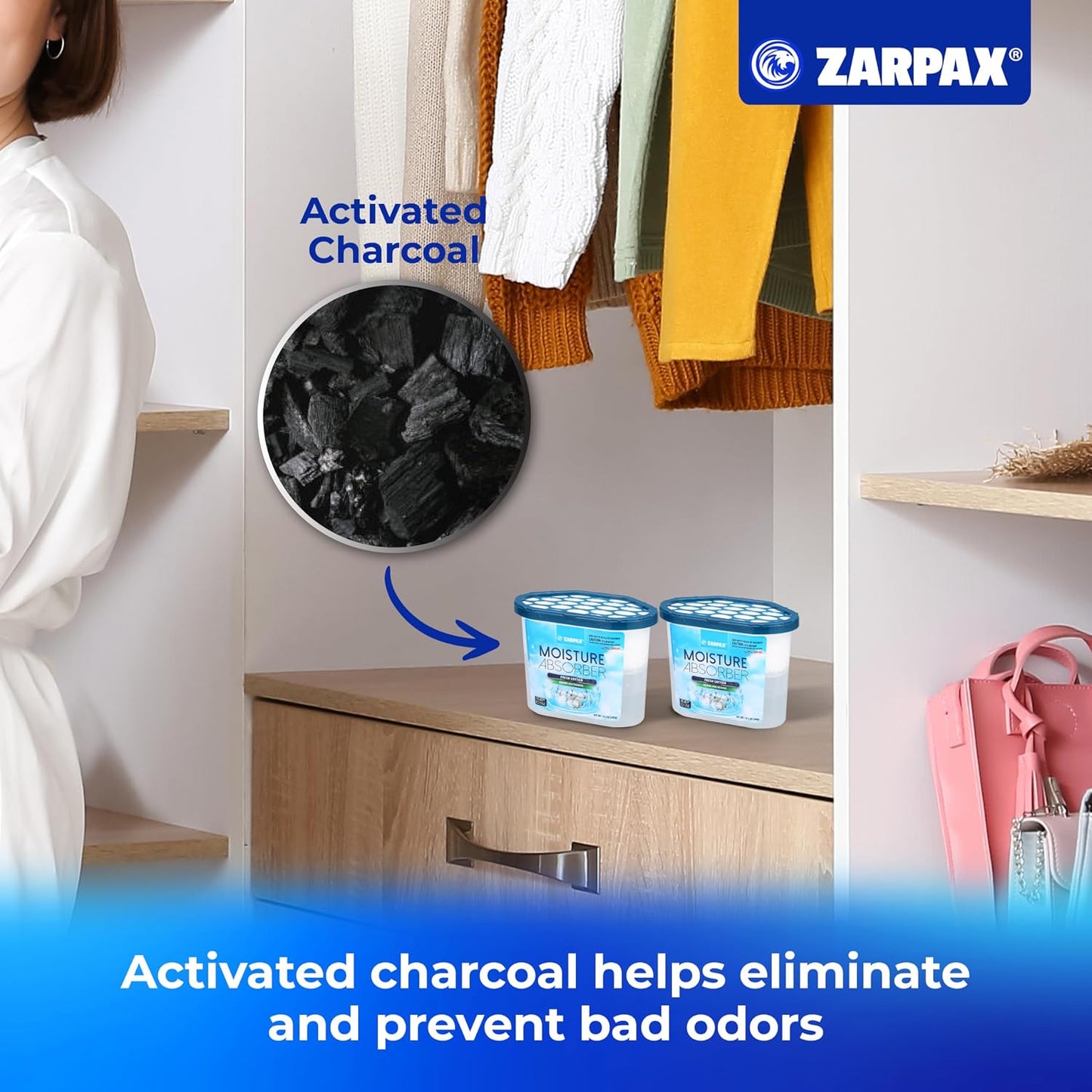 ZARPAX Moisture Absorber Activated Charcoal 10.5 oz/300g | Removes Moisture, Damp, Humidity & Odors | Odor Absorber | Moisture Trap for Bathroom, Closet, Kitchen & Small Spaces | Set of 4