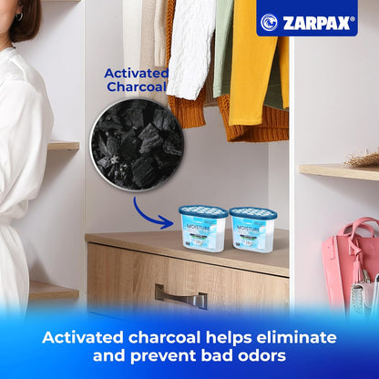 ZARPAX Moisture Absorber Activated Charcoal 10.5 oz/300g | Removes Moisture, Damp, Humidity & Odors | Odor Absorber | Moisture Trap for Bathroom, Closet, Kitchen & Small Spaces | Set of 4