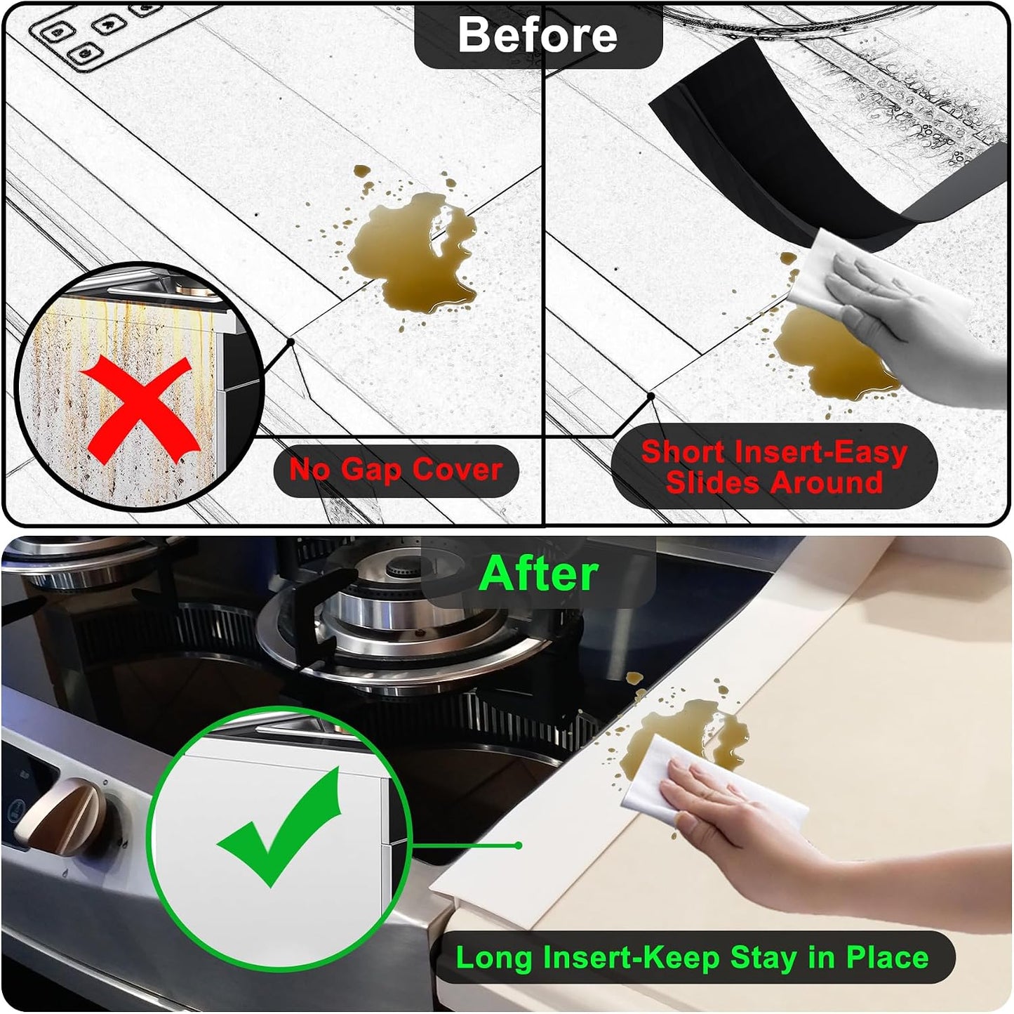 Silicone Stove Counter Gap Cover - 25 Inch Gap Filler 2 Pack Black | Long gap filler seals spills between kitchen appliances Stovetop oven countertop; stove gap cover, gas stove side gap covers