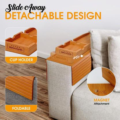 Bamboo Couch Cup Holder, 2 Cork Coasters, Anti-Slip Foldable Couch Arm Tray | 2 in 1 Foldable Sofa Arm Tray, Couch Armrest Table, Anti-Spill Couch Arm Table for Drinks TV Remote Cellphone Snacks