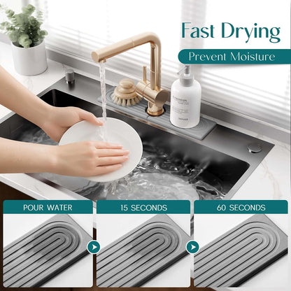 Stone Faucet Mat for Kitchen Sink – Diatomite Drying Stone Mat & Sink Protector, Prevents Moisture – Sink Splash Guard Water-Absorbing Stone Tray for Bathroom Counter (Light Grey, 20" x 3.9")