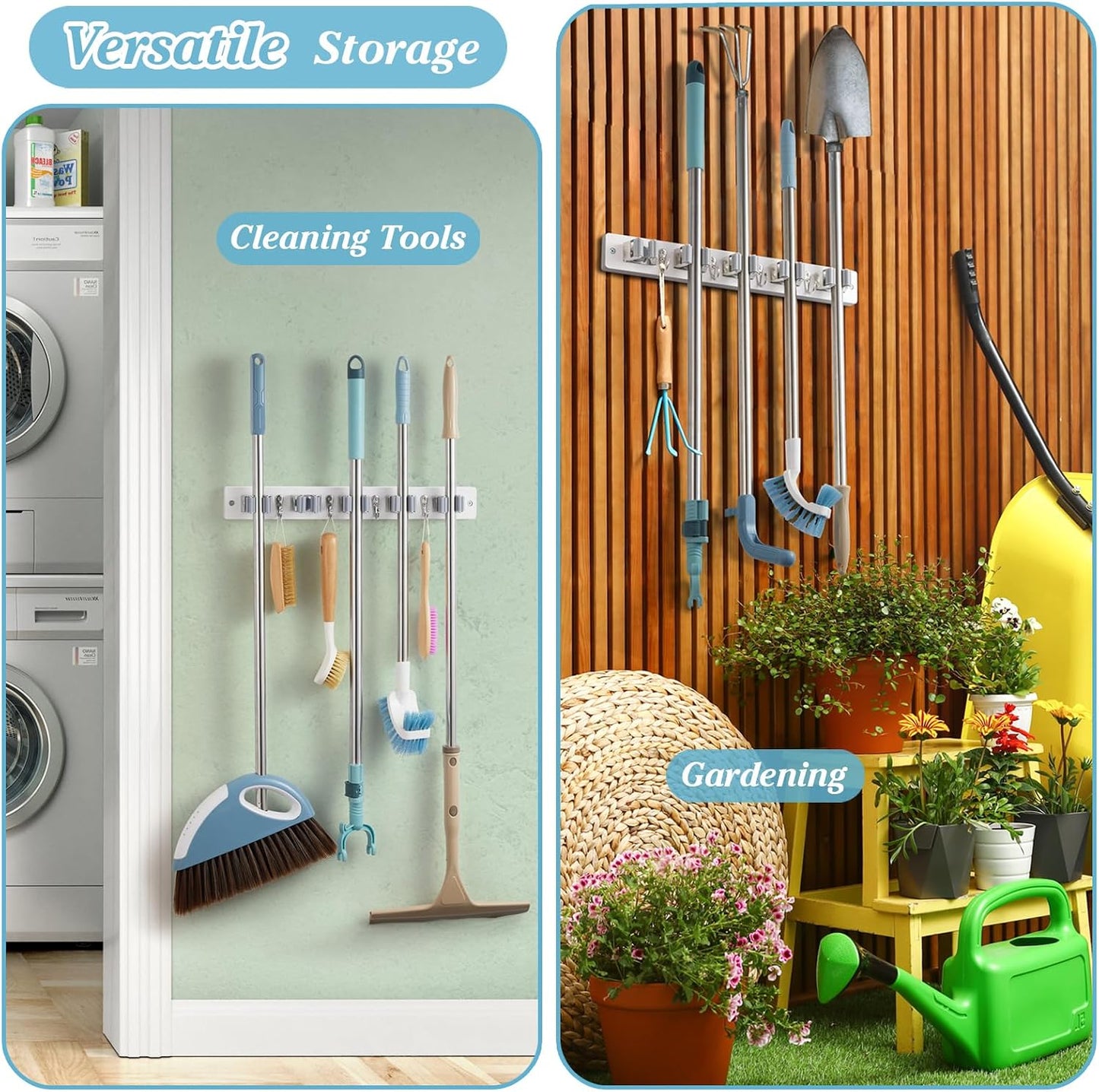 White Broom Holder Wall Mount - Heavy Duty Wood Mop and Broom Organizer with 5 Slots & 4 Hooks - Garden Tool Hanger for Laundry Room Closet Kitchen Garage Storage and Organization - Modern Home Decor