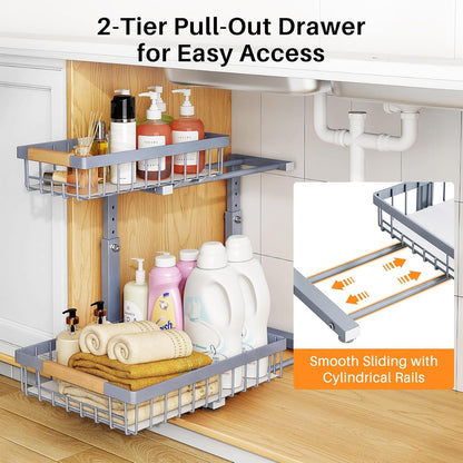 PXRACK Under Sink Organizer, Adjustable Height, 2 Tier Pull Out Under Cabinet Organizer, Slide Out Thickened Metal Under Sink Storage for Kitchen Bathroom Laundry Pantry Cabinet, White, Large-2-Pack