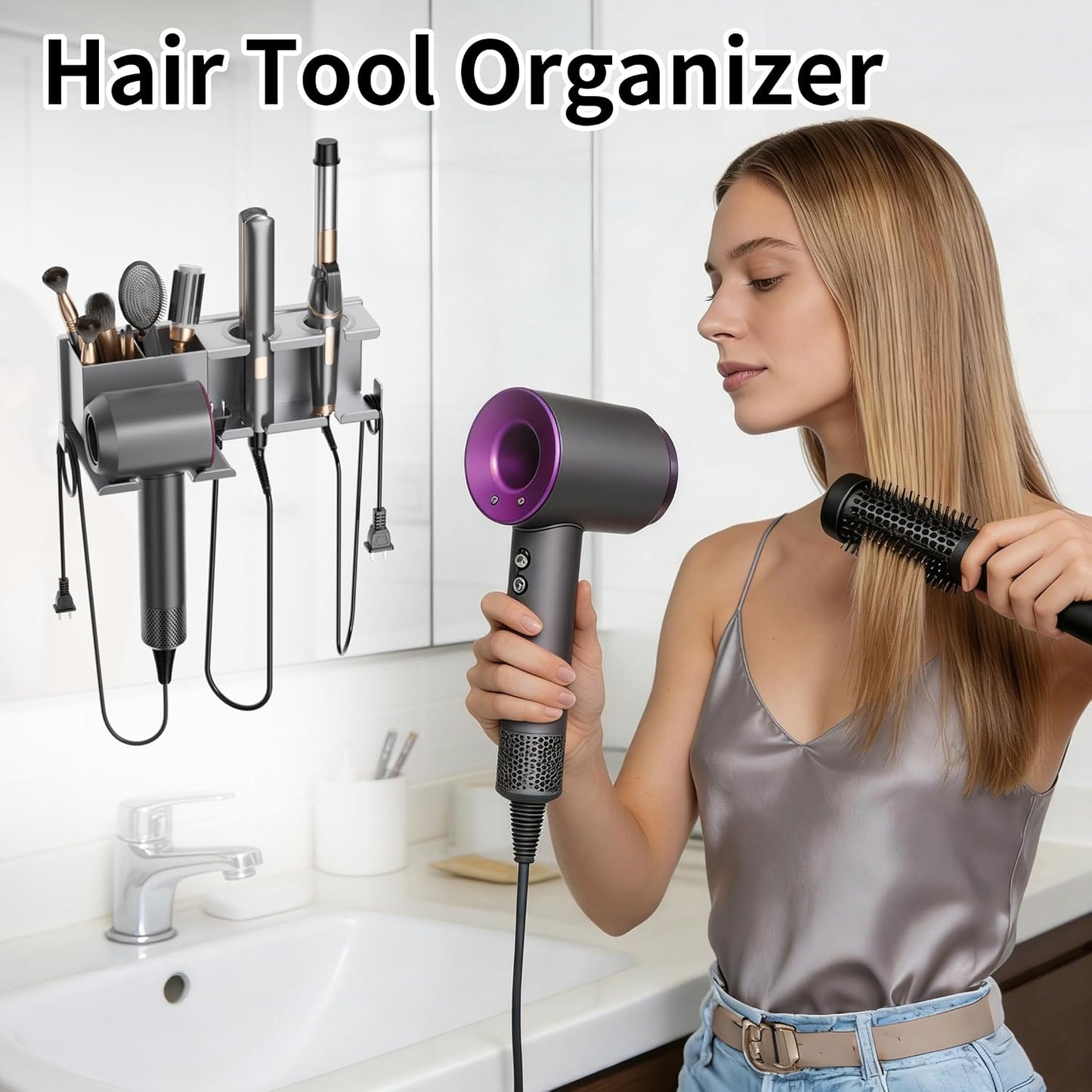 Hair Dryer Holder, Hair Tool Organizer Wall Mount, Adhesive or Drill, White | Blow Dryer Holder for Dryer Hook, Straightener Curling Irons Hairdryer Hair Appliance Hanger for Salon Bathroom Wall Storage