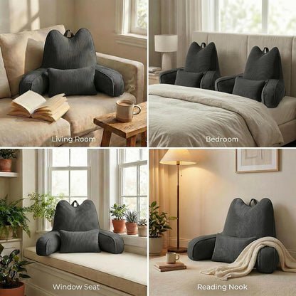 Patented Design Reading Pillow with Arms for Sitting Up, 2-in-1 Bed Rest Pillow with Detachable Lumbar Support, Backrest Support Cushion for Couch with Side Pockets & Handle, Beige Gray