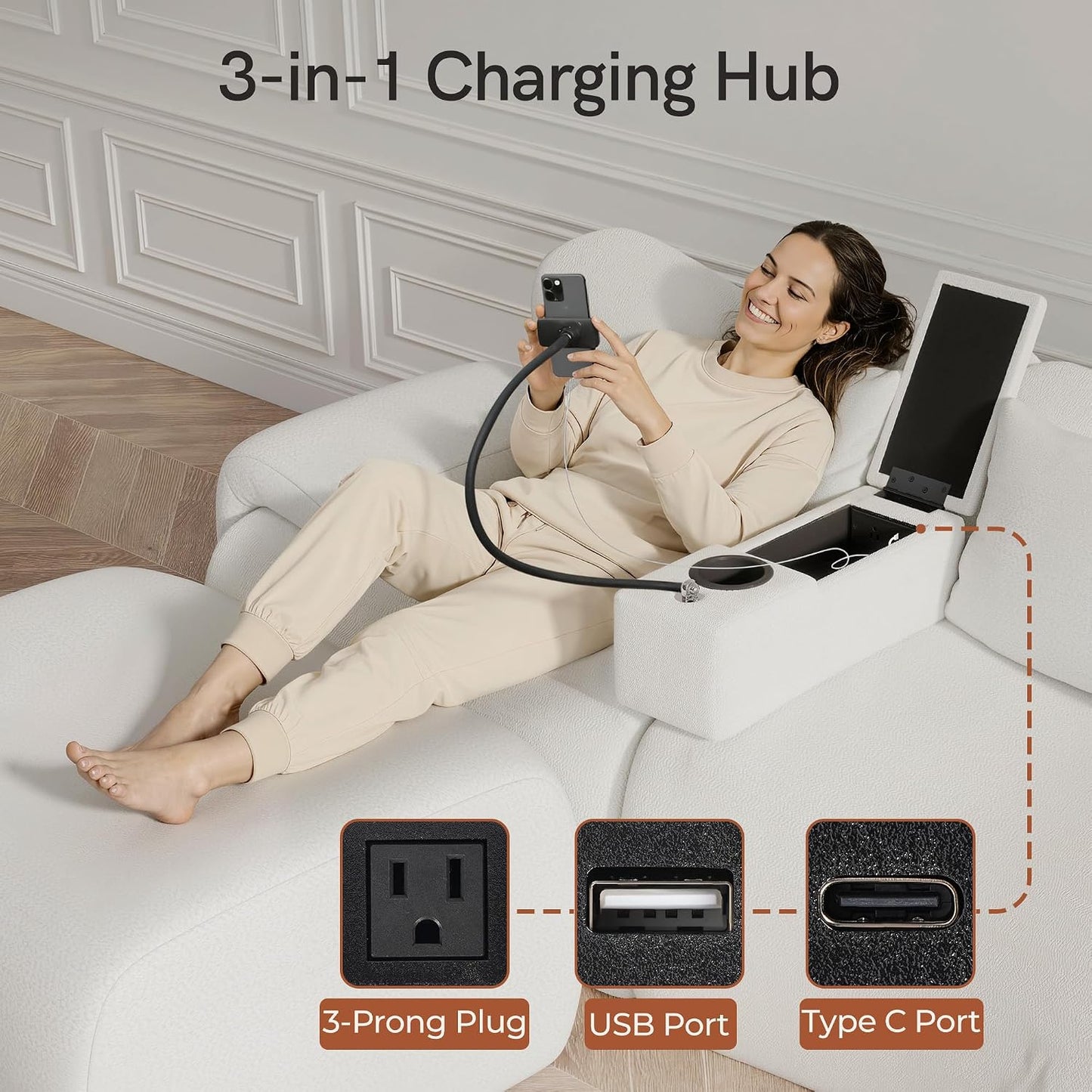 Couch Caddy with Cup Holder, 20.3 Inch White Armrest Console | Removable Sofa Armrest Organizer with Charging and Phone Holder, Storage for Remotes, Snacks and Everyday Essentials