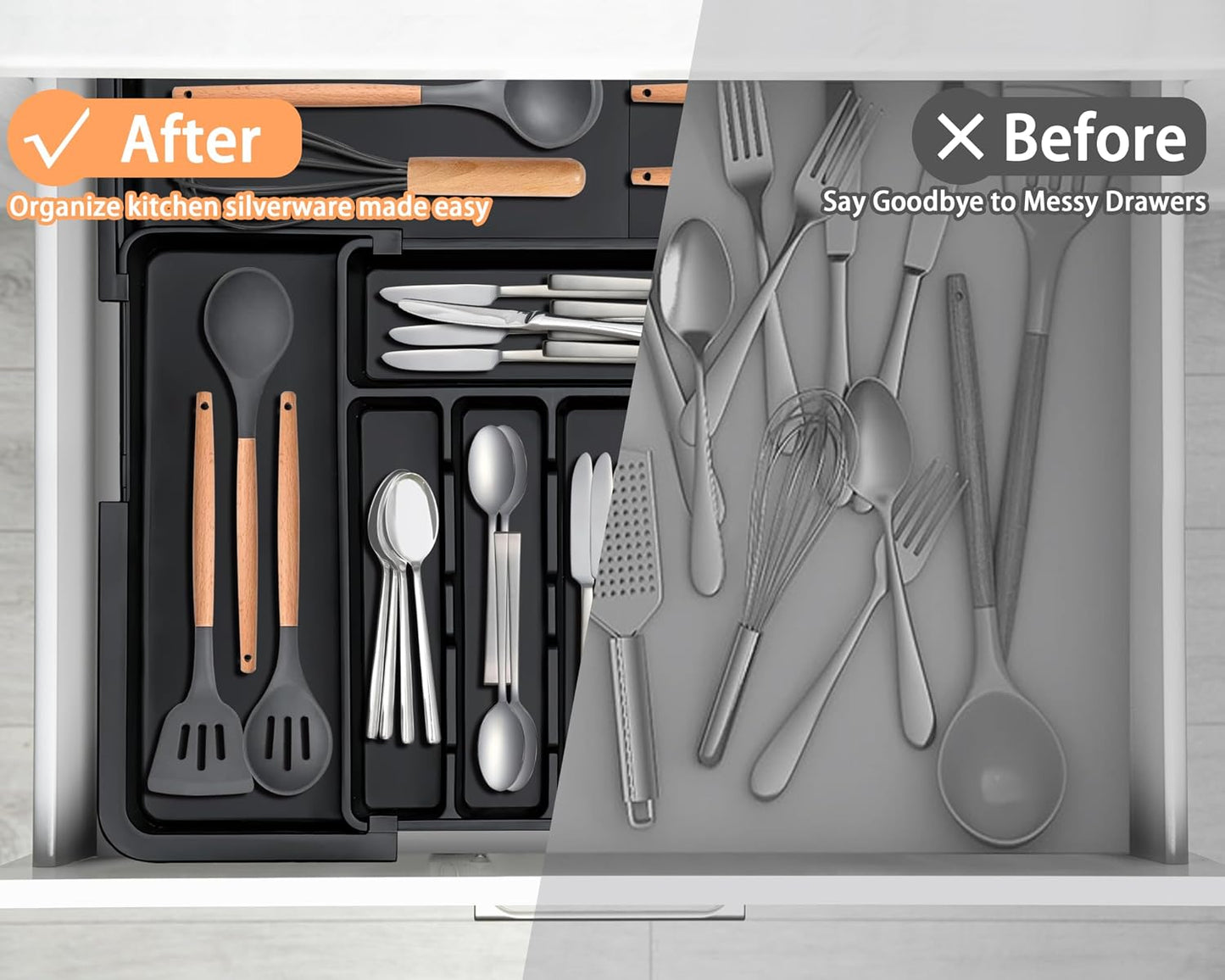 Large Silverware Drawer Organizer Expandable Kitchen Utensil Organizer BPA Free Flatware Cutlery Holder Tray Adjustable Plastic Drawer Divider Storage for Forks Knives 6-9 Slots White