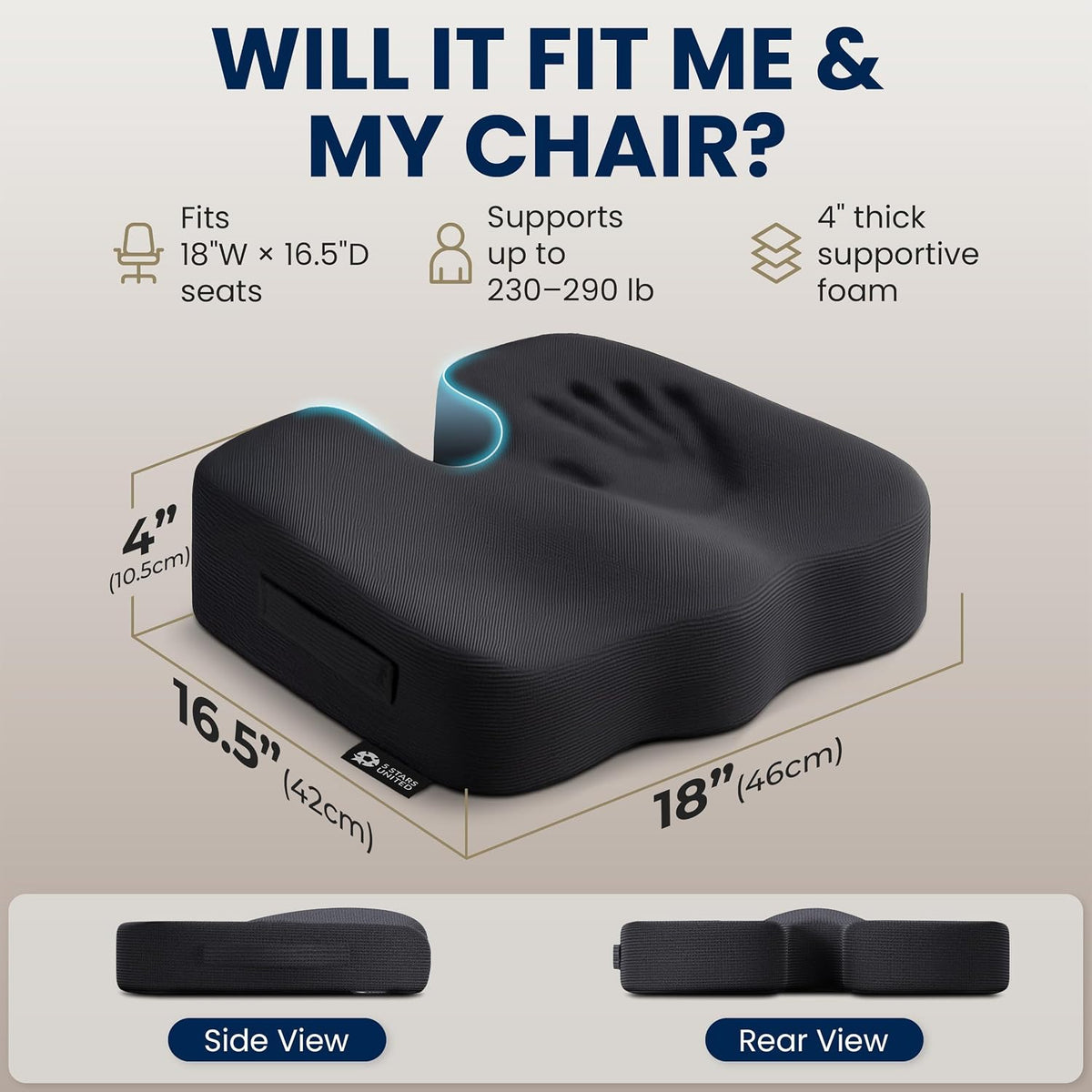 5 STARS UNITED Seat Cushion - Memory Foam Chair Cushion for Tailbone Pain Relief - Ergonomic Support for Coccyx, Sciatica & Butt - Office, Desk & Gaming Chair, Car Seat, Wheelchair, Airplane, Black