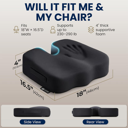 5 STARS UNITED Seat Cushion - Memory Foam Chair Cushion for Tailbone Pain Relief - Ergonomic Support for Coccyx, Sciatica & Butt - Office, Desk & Gaming Chair, Car Seat, Wheelchair, Airplane, Black