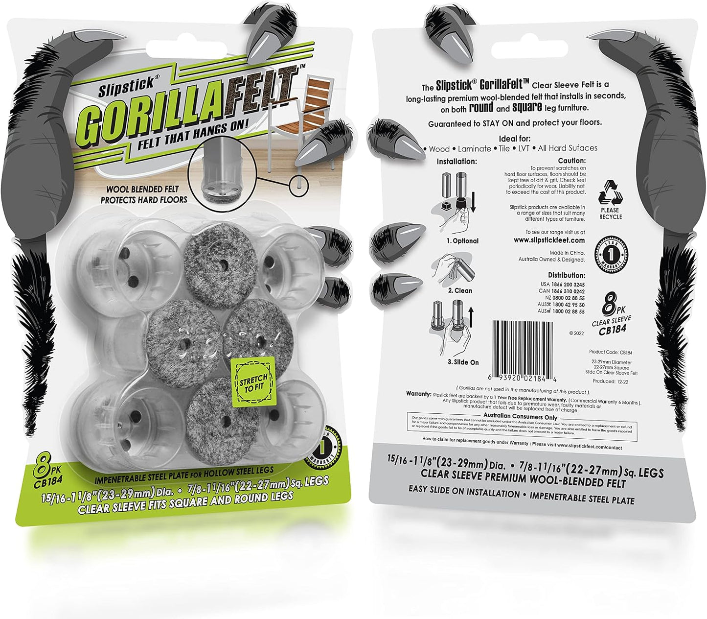 Slipstick Gorilla Felt Furniture Pads (189 Piece Variety Pack) Premium Furniture Pads & Chair Leg Floor Protectors for Hardwood Floors & Hard Surfaces