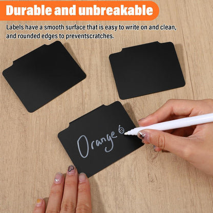 52PCS Basket Labels Clip On Set, 50 Removable PVC Bin Label Holders with 2 Chalk Markers for Pantry Storage Bins Organization (Black)