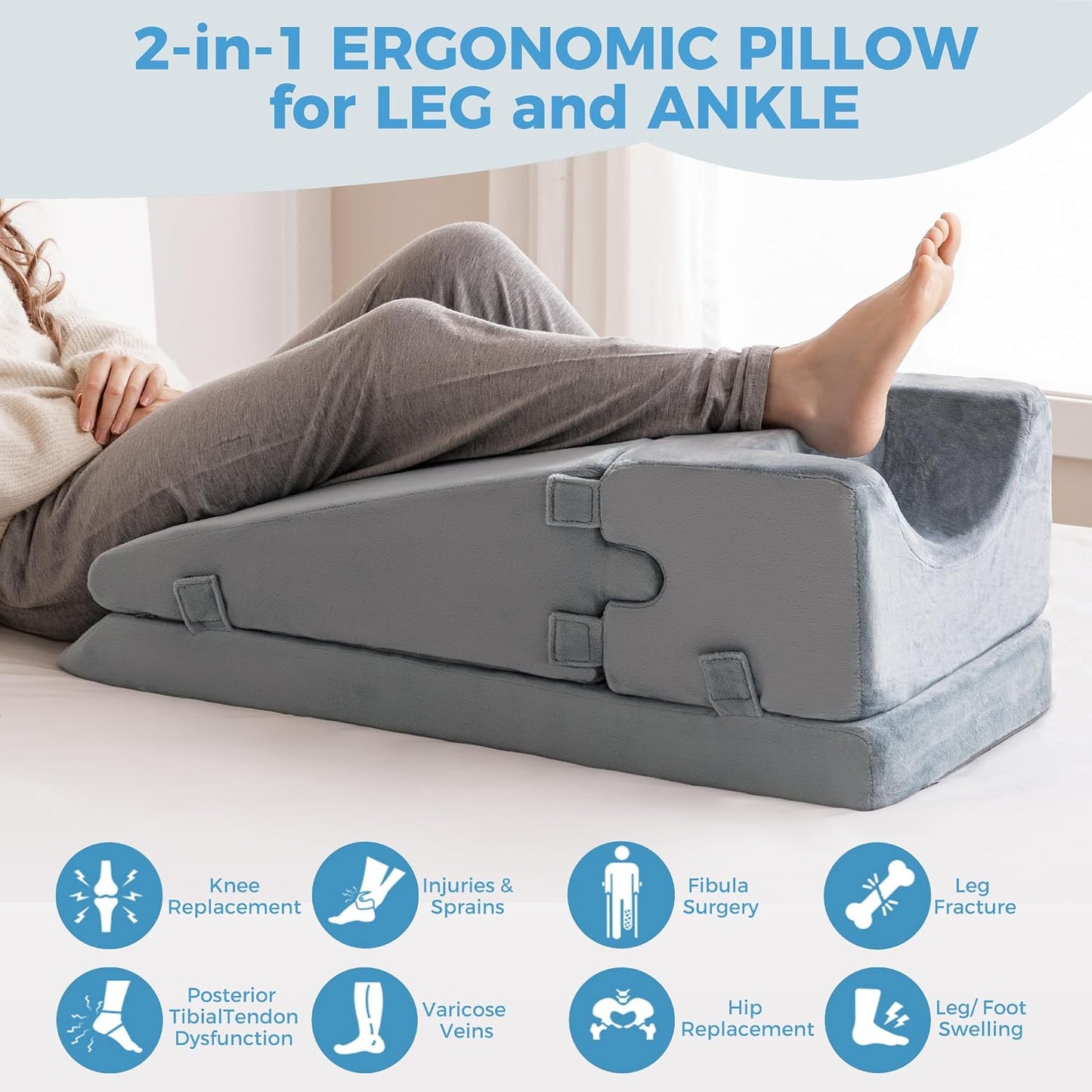 Leg Elevation Pillow for Sleeping, Foam Wedge Pillow Set for After Surgery, Knee Pillow for Side Sleepers, Elevating Leg Rest Cushion for Knee Replacement, Swelling, Back Pain & Circulation Support