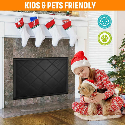 Fireplace Draft Cover, Fireplace Blocker Blanket with Hook and Loop Tapes, Indoor Fire Place Draft Stopper for Heat Loss Insulation Black 39" W x 32" H