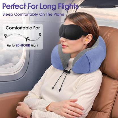 CloudBliss Neck Pillow for Airplanes, Memory Foam Travel Pillow, Black | Compact Flight Pillow with Eye Mask, Earplugs, Carry Bag, Travel Neck Pillow for Long Flight Sleep, Plane Travel Essentials