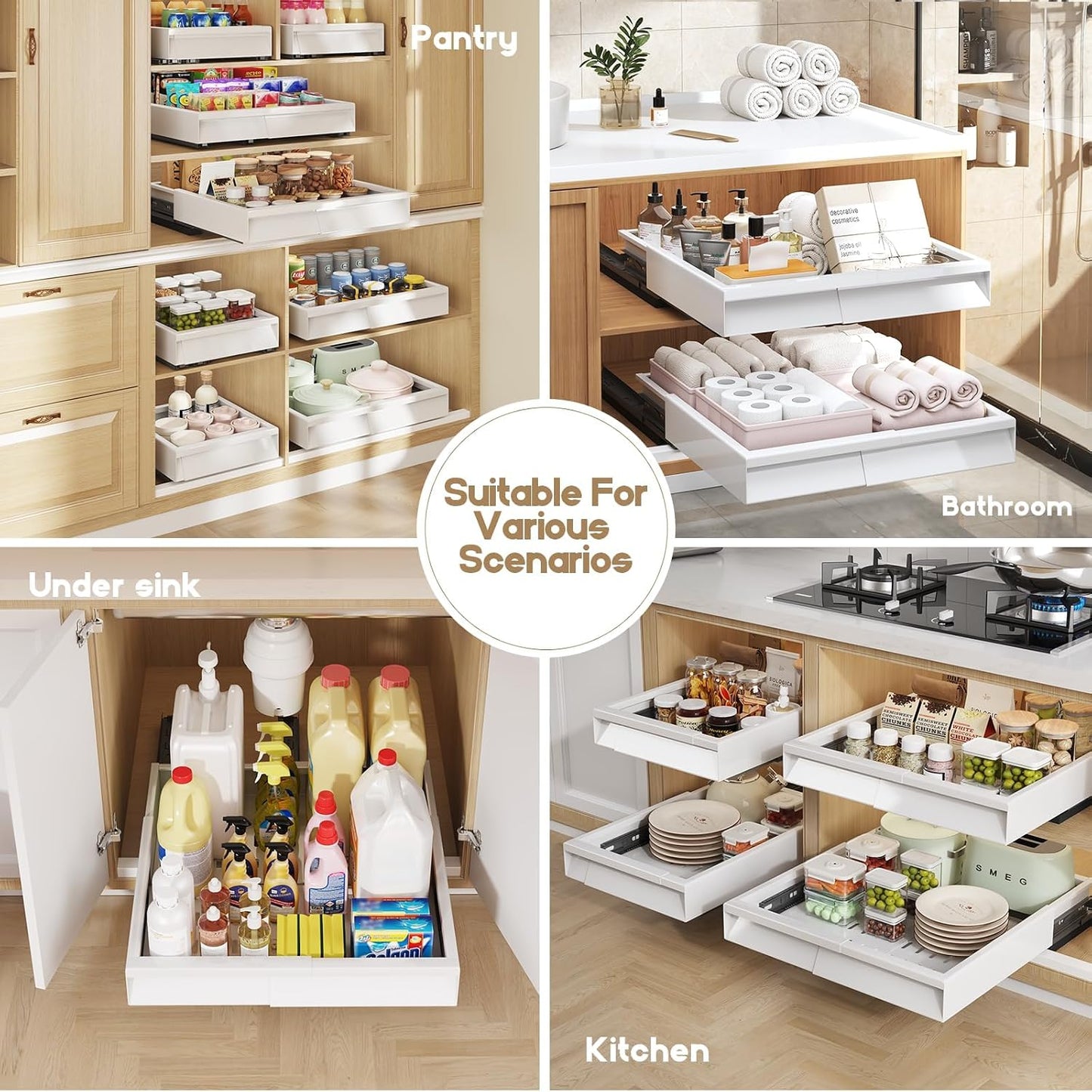 Seinloes Pull Out Cabinet Organizer, 4-Side Expandable to Fit Most Cabinets, 3 Rail Slide Out Drawers with Raising Pad for Framed & Frameless Cabinets, 13"-21" W x 17"-24" D, White, 2 Pack