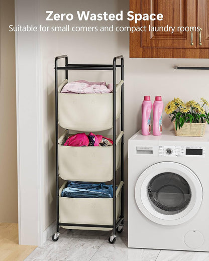 3 Section Laundry Sorter with Removable Bags, 120L Rolling Vertical Laundry Hamper, Stackable Laundry Baskets organizer for Bathroom, Apartment, Dorm (Beige, With Wheel)
