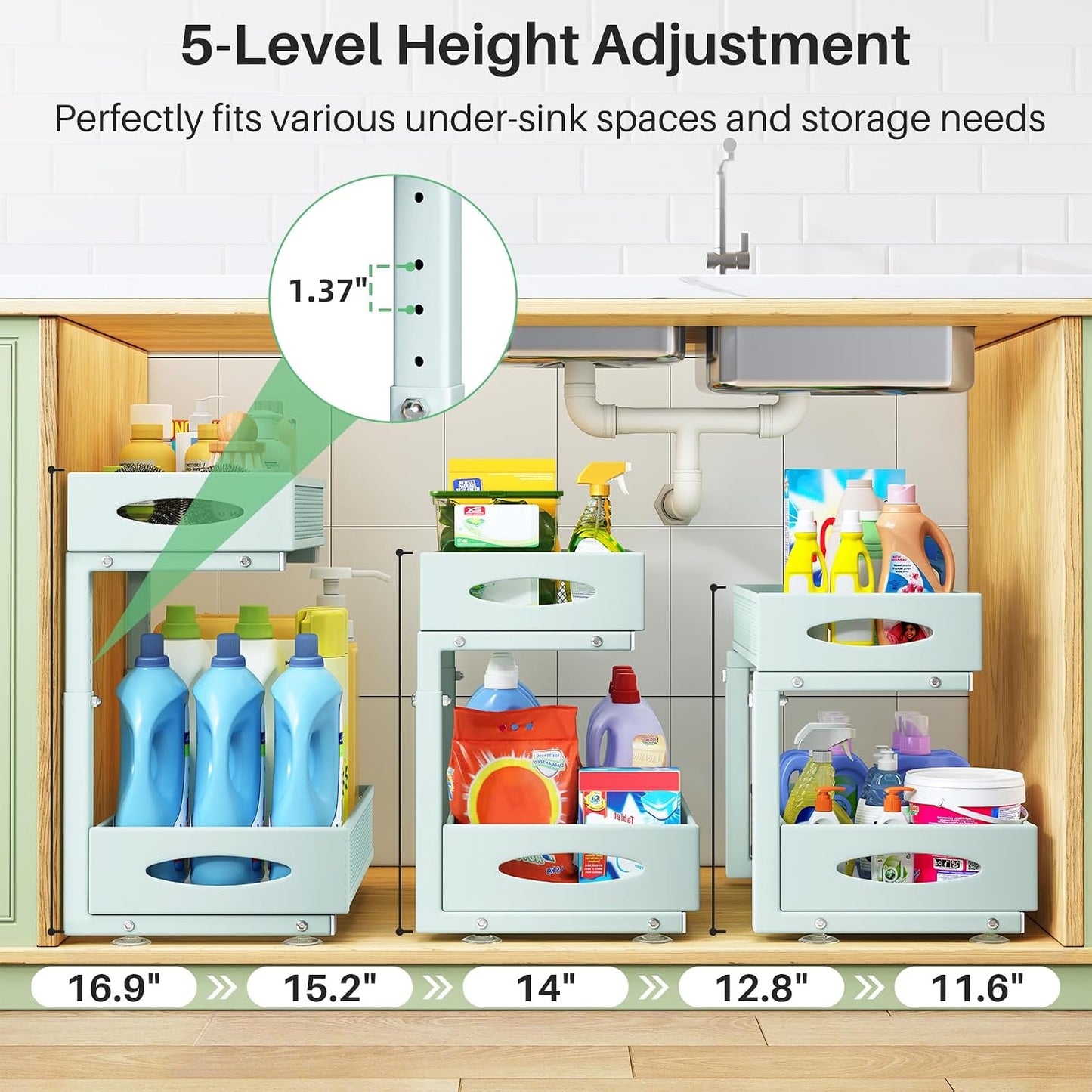 Under Sink Organizer, 2 Tier Pull out Cabinet Organizer Baskets with Mesh Sliding Drawers, Slide out Storage Shelf for Home, Kitchen, Bathroom, Pantry, Office Cabinet, Countertop(1 Pack)