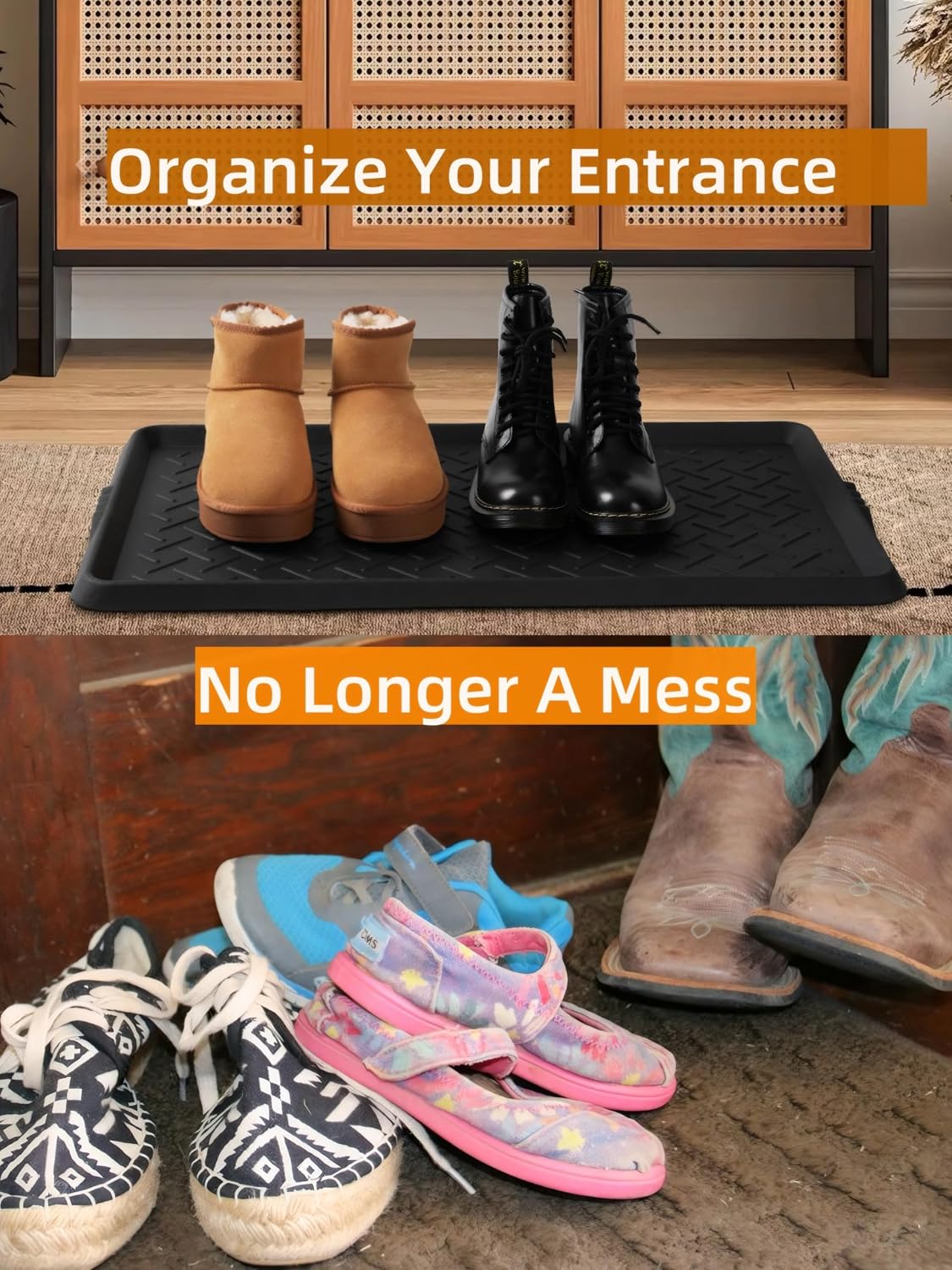 Boot Tray TPE Rubber Shoe Mat Tray for Entryway with Shoes Brush Large Boot mat Tray Multi-Purpose for Indoor or Outdoor Entryway Mat Shoe Cleaning Mat Entryway Shoe Storage 16.1x28.3Inches (Black)