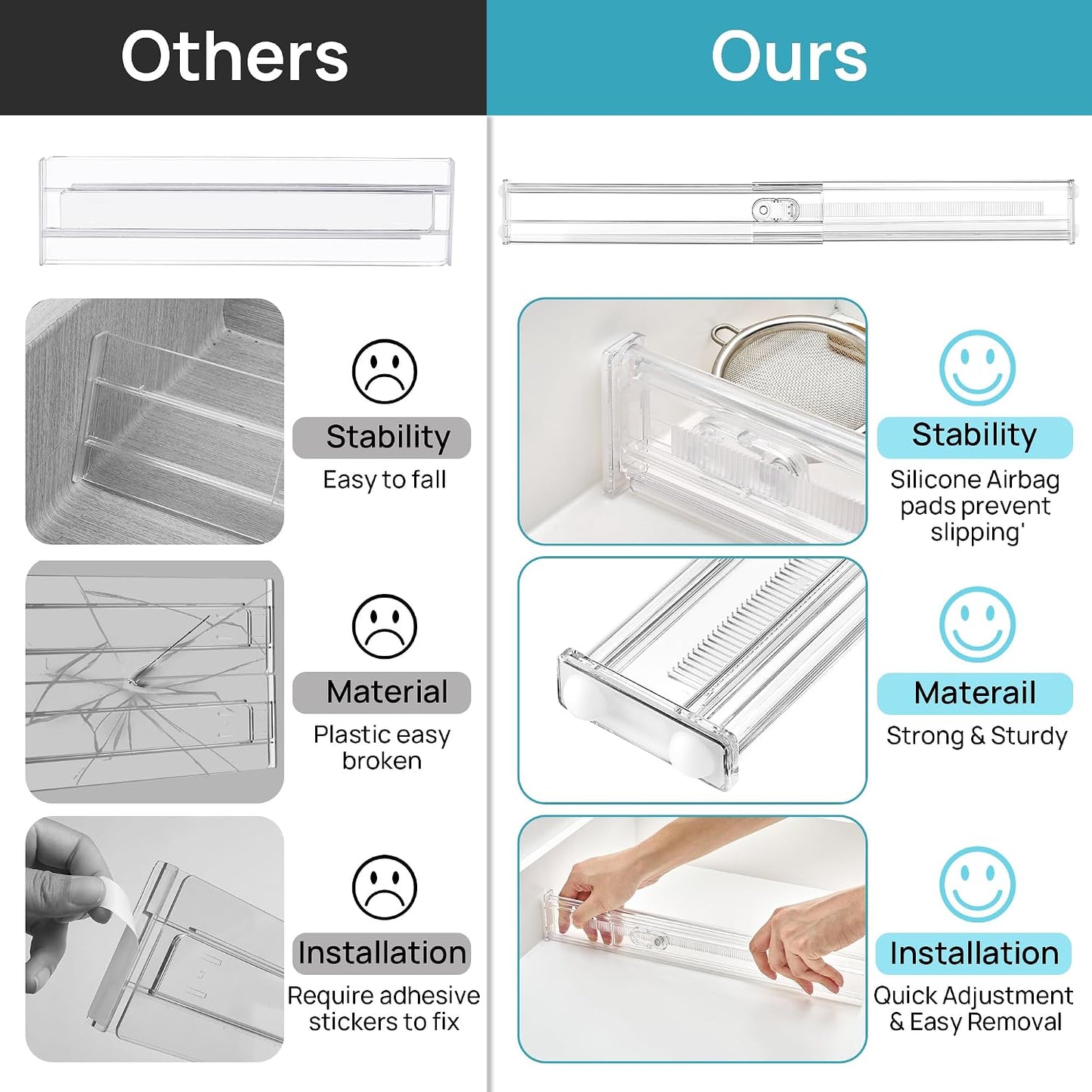 Vtopmart 2.36" Drawer Dividers with Expandable Inserts, 12.8"-22.3", 8 Pack | Adjustable Kitchen Drawer Organizer, Clear Organizer Separator for Flatware, Utensil, Cutlery, 8 Dividers with 14 Inserts
