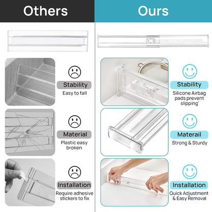 Vtopmart 2.36" Drawer Dividers with Expandable Inserts, 12.8"-22.3", 8 Pack | Adjustable Kitchen Drawer Organizer, Clear Organizer Separator for Flatware, Utensil, Cutlery, 8 Dividers with 14 Inserts