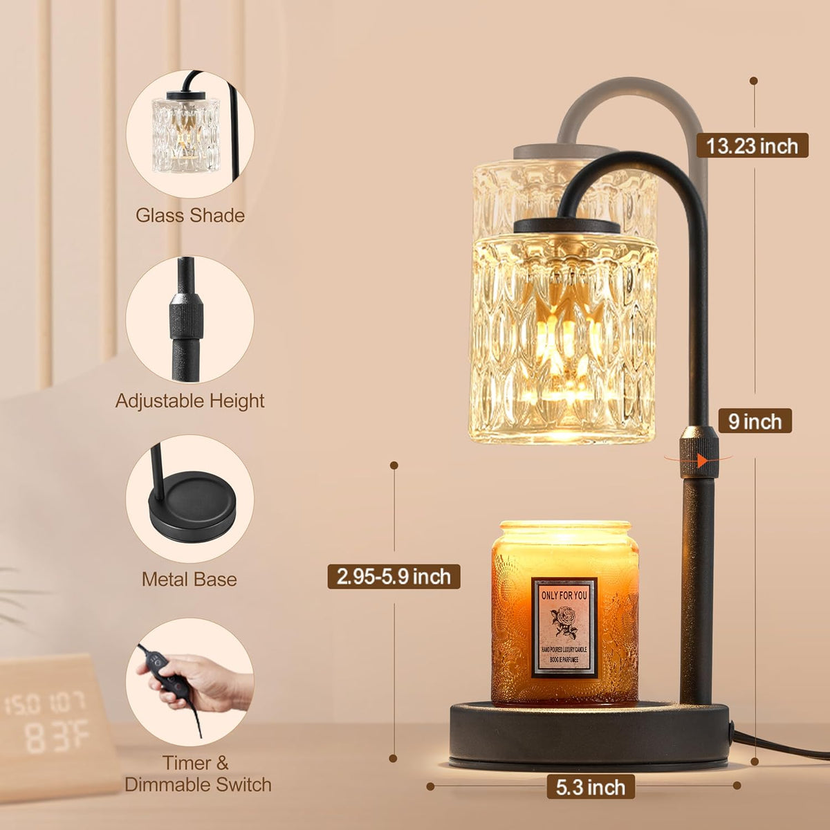 CASTLELIFE Dimmable Candle Warmer Lamp with Timer, Height Adjustable Candle Warmer for Jar Candles, Electric Wax Melt Warmer for Home Decor House Warming Gifts, Birthday Gifts for Women, Black Clear