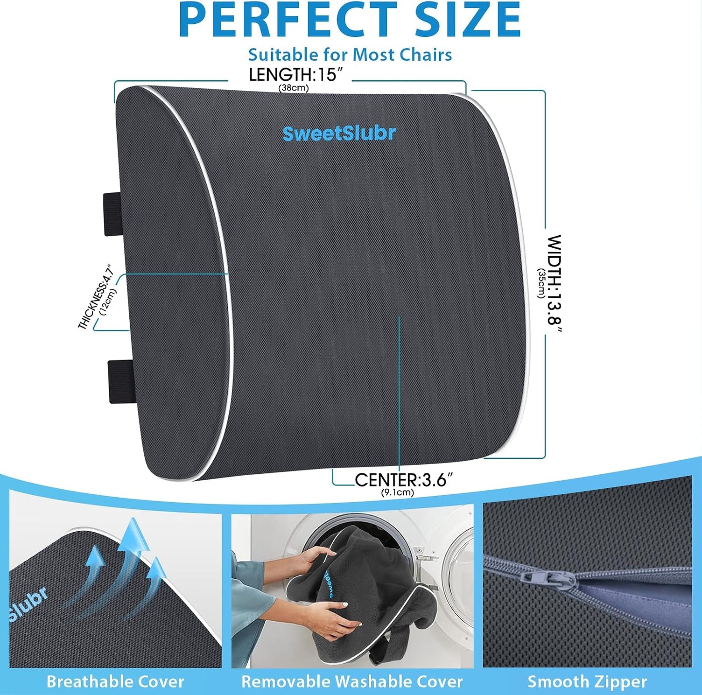 SweetSlubr Lumbar Support Pillow for Office Chair, Car & Gaming Chair, Ergonomic Memory Foam Cushion for Back Comfort, Zoned Back Support, Double Adjustable Straps, Breathable Washable Cover, Black