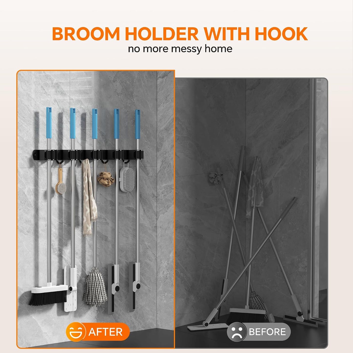 4 Pack Stainless Steel Mop and Broom Holder Wall Mount with Hook, Silver | Screw Drilling or Self Adhesive Storage Rack for Closet Laundry Garage Garden Tool Organizer