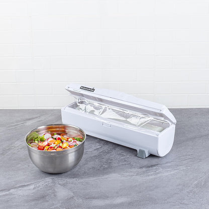 Restaurantware-Chef 101 Food Wrap Dispenser with Cutter, 1 Refillable Cling Wrap Dispenser - Fits 12” to 18” x 1000’ Rolls, Press Down and Cut, White Plastic Aluminum Foil, Sharp Blade