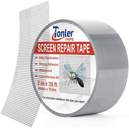 Gray Fiberglass Screen Mesh Patch Tape 2" x 35FT Strong Adhesive Repair Kit | Strong adhesive fiberglass mesh repair kit for screen holes and tears, easy to cut and apply, waterproof indoor outdoor
