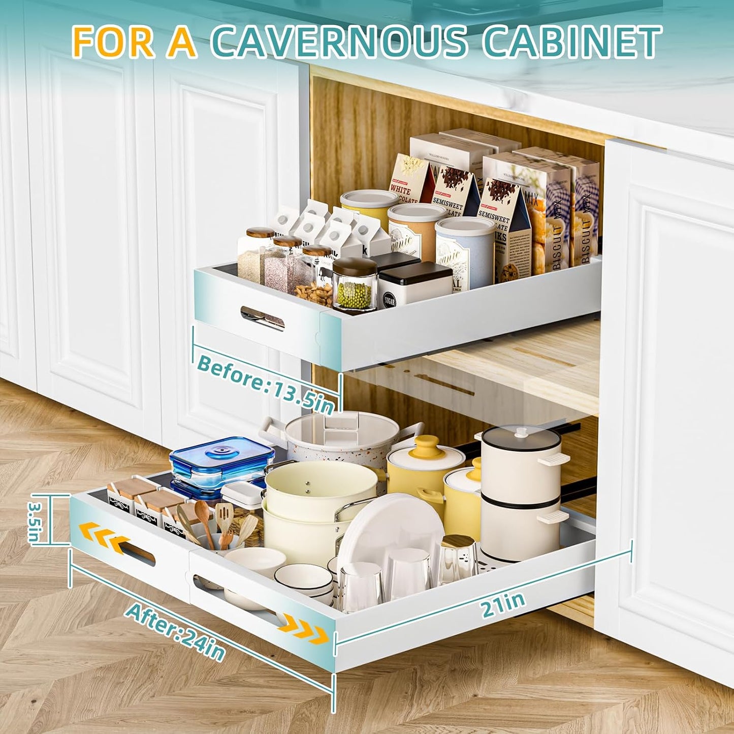 HBL' 1 Pack | 21" Deep Pull Out Cabinet Organizer Adhesive, 10-Inch Wide Sturdy Carbon Steel Roll-Out Drawers, Designed for Frameless Cabinets, Slide-Out Shelves for Pantry.