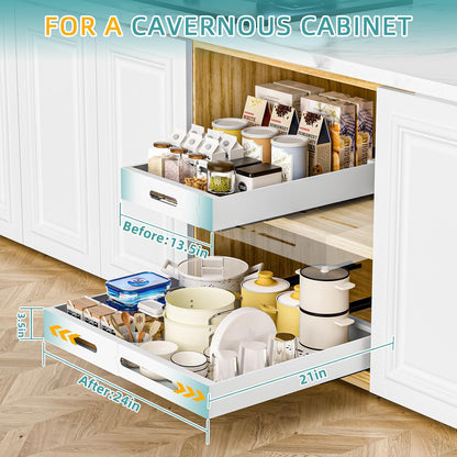 HBL' 1 Pack | 21" Deep Pull Out Cabinet Organizer Adhesive, 10-Inch Wide Sturdy Carbon Steel Roll-Out Drawers, Designed for Frameless Cabinets, Slide-Out Shelves for Pantry.