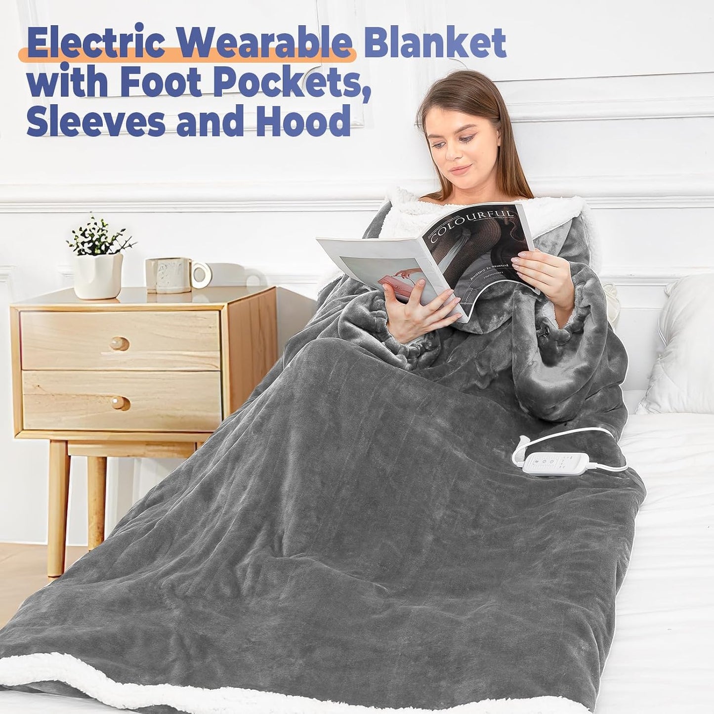 Wearable Heated Blanket with Foot Pocket, Electric Wearable Throw Blanket with Sleeves, Hood, Portable Heated Blanket with 8 Heat Settings, 1-10 Hours Auto Shut-off, Gift for Family, Friends, 50*70"
