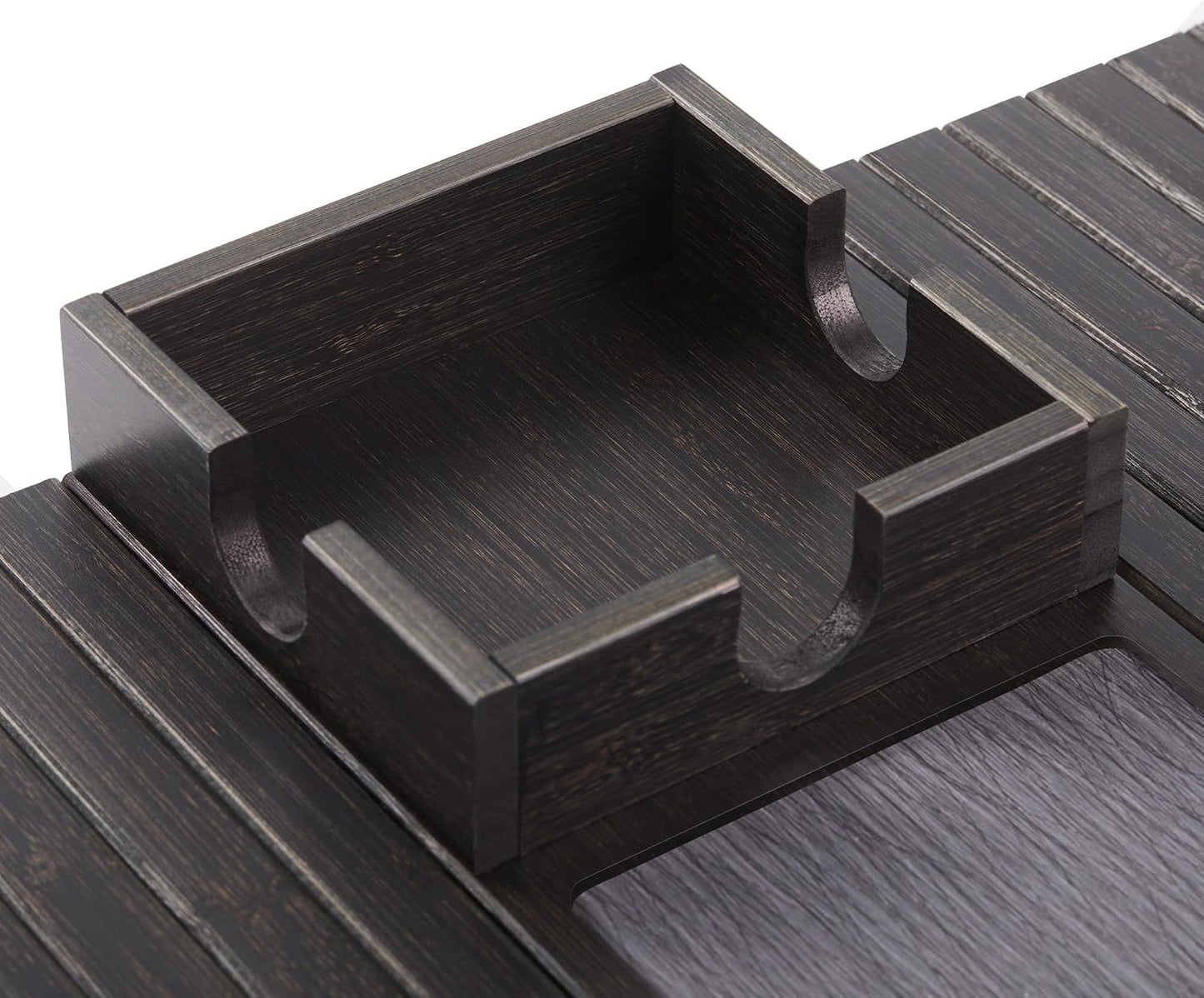 Detor Couch Cup Holder Tray with Super Anti-Slip Pad, Large 4.5" x 4.5" Organizer, Brown-Stained Bamboo Finish, Enhanced Non-Slip Felt Base, Durable Bamboo Slats, Fits Armrests 5.5" and Wider