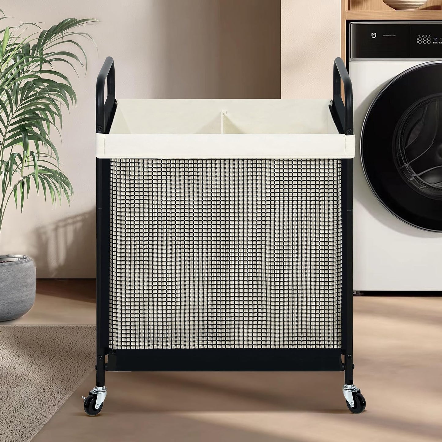 STO STO Laundry Hamper 2 Section, 100L Rolling Laundry Sorter Cart with Removable and Washable Liner Bag, Clothes Hamper with Wheels and Metal Handle for Laundry Room and Bedroom