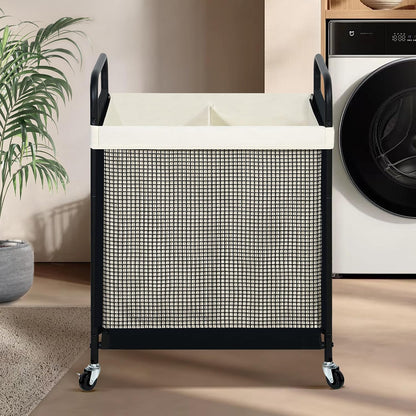 STO STO Laundry Hamper 2 Section, 100L Rolling Laundry Sorter Cart with Removable and Washable Liner Bag, Clothes Hamper with Wheels and Metal Handle for Laundry Room and Bedroom