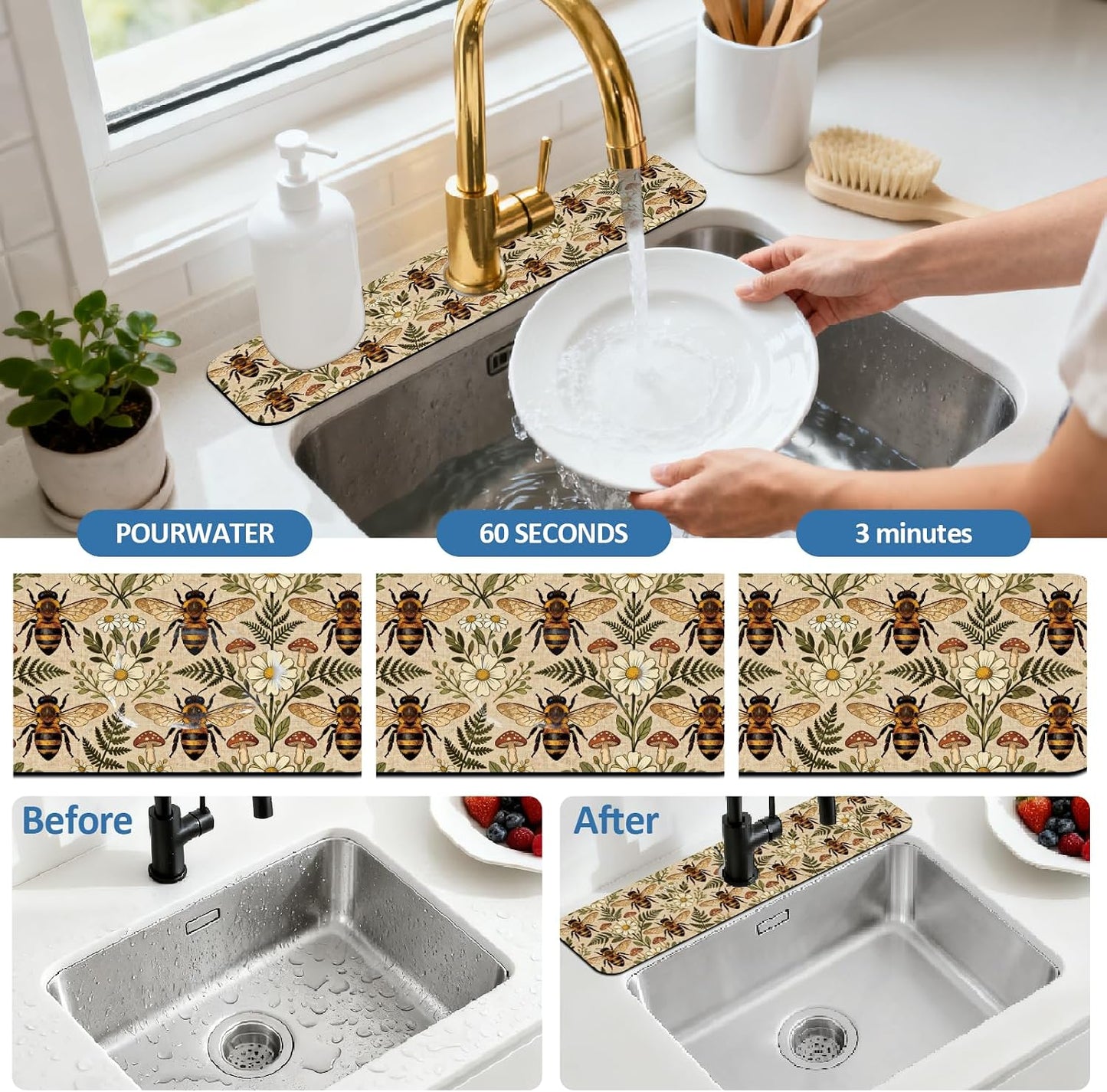 2Pcs Peonies Kitchen Sink Splash Guard Faucet Mat Vintage Florals Faucet Mat For Bathroom Kitchen 5.5x23.6In