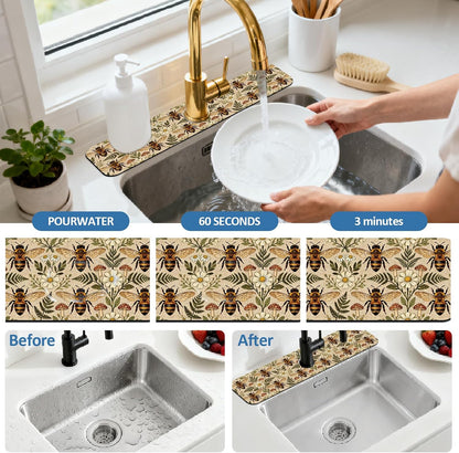 2Pcs Peonies Kitchen Sink Splash Guard Faucet Mat Vintage Florals Faucet Mat For Bathroom Kitchen 5.5x23.6In